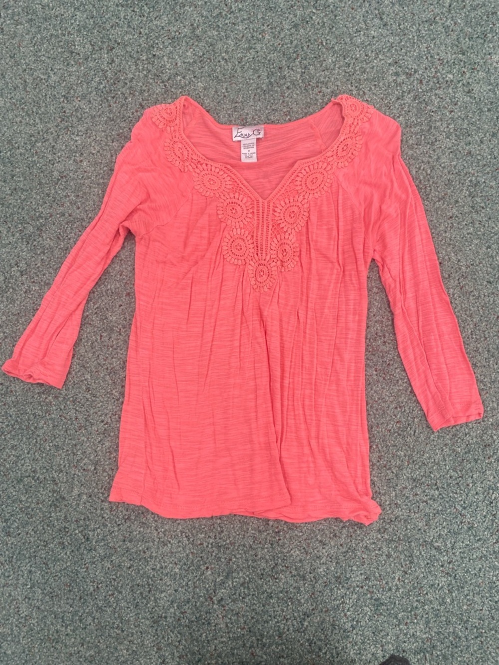 Lush Coral Crochet-Detail 3/4 Sleeve Tunic